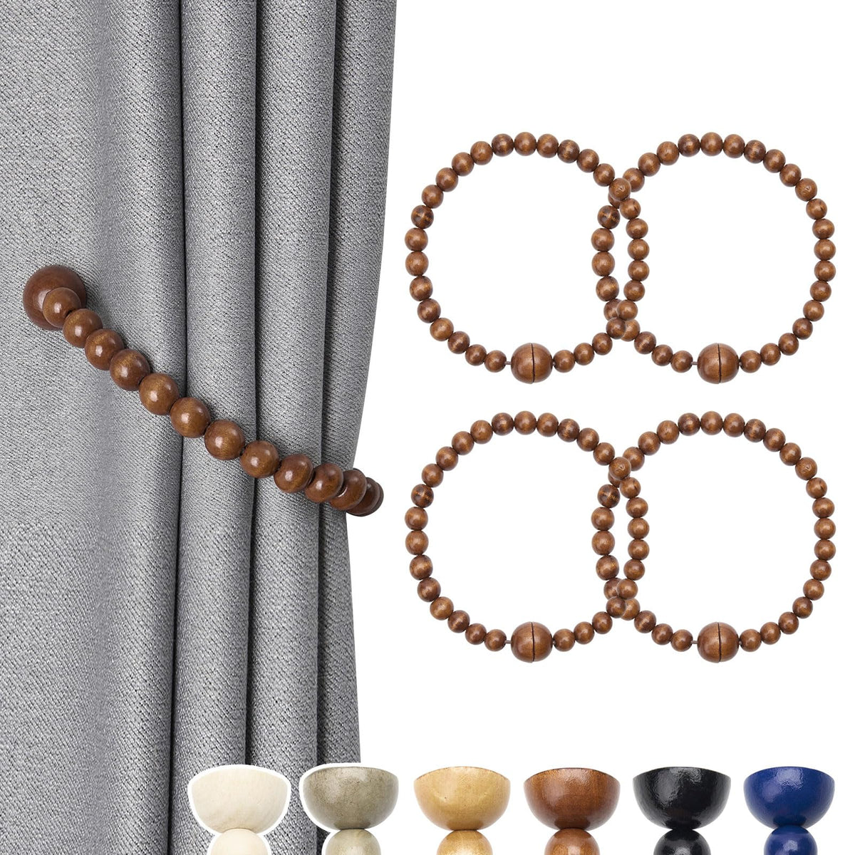 NICEEC 2 Pack Wood Bead Curtain Tiebacks Boho Farmhouse Decor Drape Tie Backs Strong Magnetic Natural Wooden Beaded Curtain Holdbacks for Home & Office Outdoor Window Draperies (Coffee)
