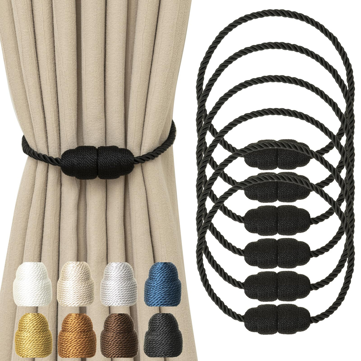 Magnetic Curtain Tiebacks Rope Curtain Tie Backs for Curtains 6 Pack Curtain Holders for Drapes Decorative Window Curtain Holdbacks, Gold