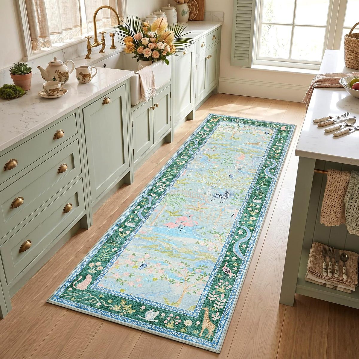 Washable Area Rug 5x7 Green Animal Print Rugs for Nursery Non Slip Stain Resistant Forest Fairy Tale Throw Carpet Low Pile Whimsical Safari Area Rugs for Entryway Girls Bedroom Dining Room, Green