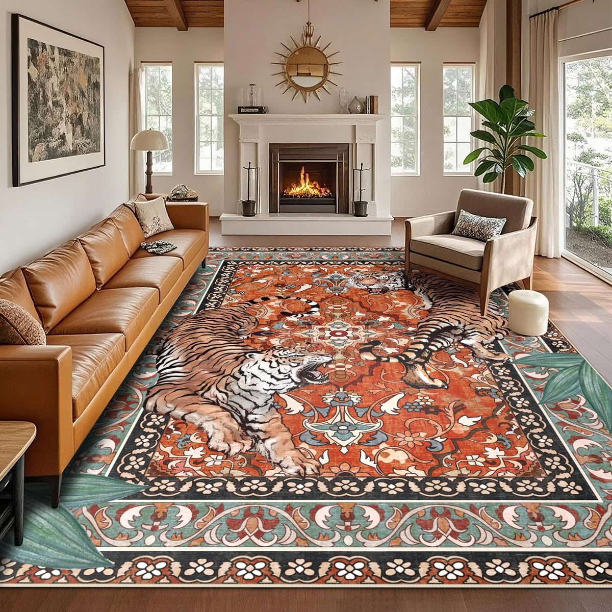 Tiger Round Area Rugs for Living Room 6ft, Boho Green Animal Print Bedroom Circle Rugs Non Slip, Washable Botanical Jungle Floor Carpet for Dining Room Entryway Nursery Playroom Office Spring