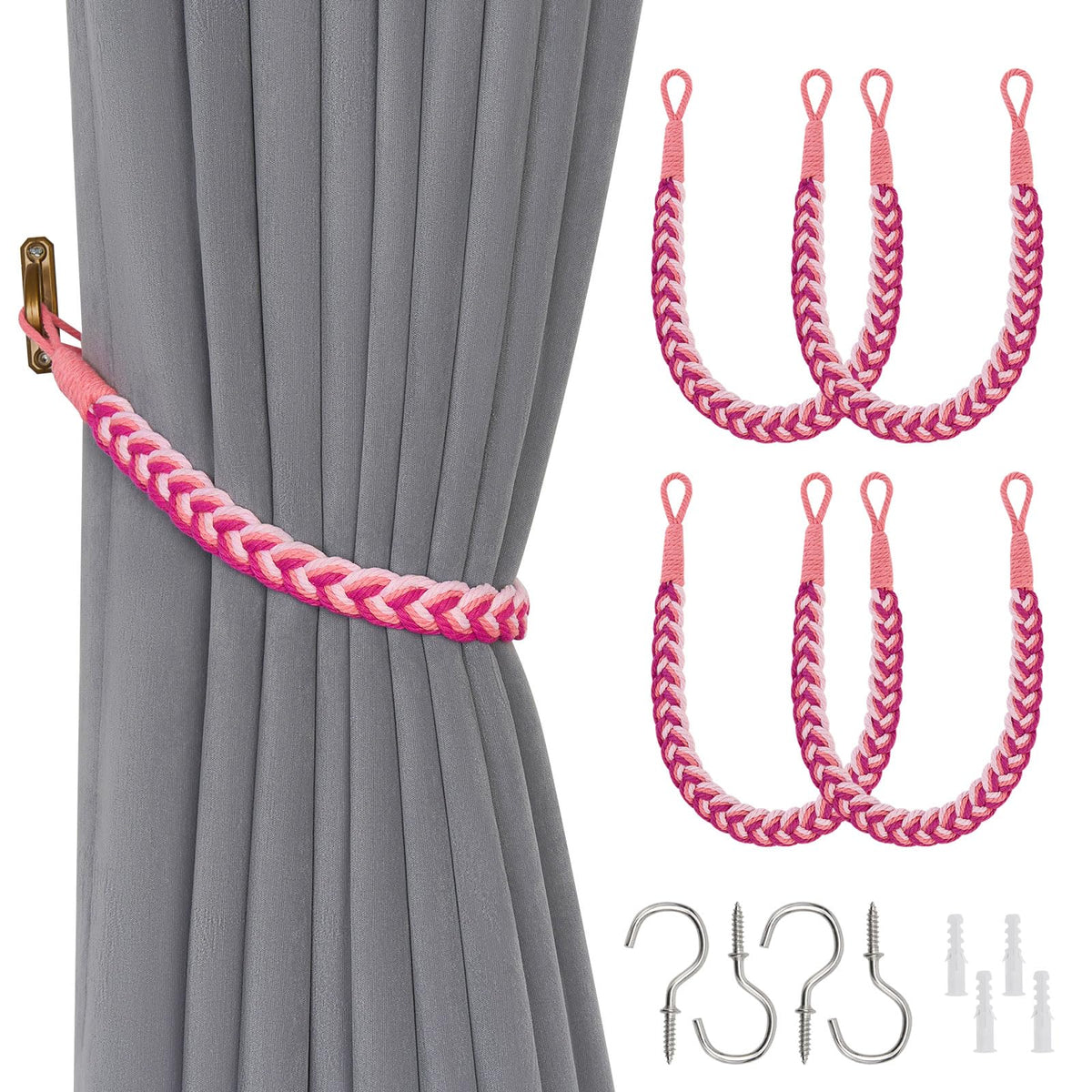 NICEEC 2 Pack Natural Cotton Rope Curtain Tiebacks Elegant Boho Style Decorative Drape Tie Backs Soft Hand-Woven Rope Curtain Holdbacks with Metal Hook for Home & Office Drapery (Coffee)