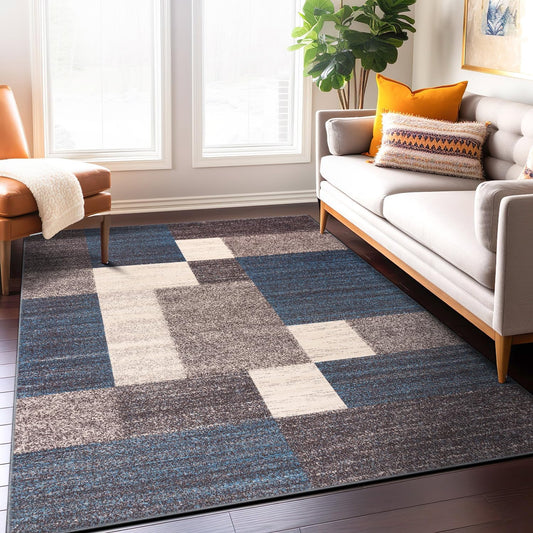 Rugshop Geometric Boxes Non-Slip Contemporary Area Rug Blue 5'3" x 7'3"