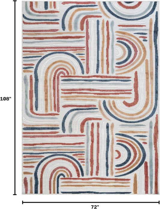 CAMILSON Indoor Outdoor Rug, Multicolor 6x9 Geometric Arch Striped Area Rugs for Patio and Home Areas, Easy-Cleaning Non-Shedding Living Room, Garden and Deck Washable Outside Carpet (6 x 9)