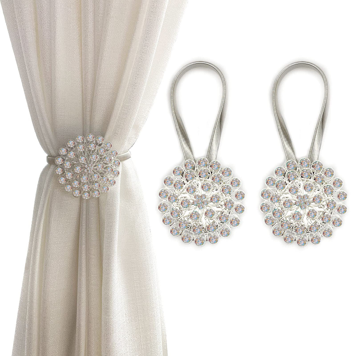 Magnetic Tiebacks for Curtains, 2 Pack Sparkling Crystal Flower Curtain Tiebacks Curtain Buckle Clips with High-Elastic Spring Wire for Home Office Decoration (White)