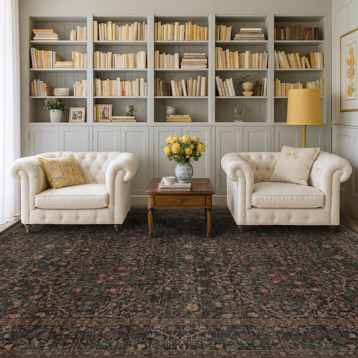 Floral Dark Green Washable Area Rugs 8x10, Vintage Living Room Rug