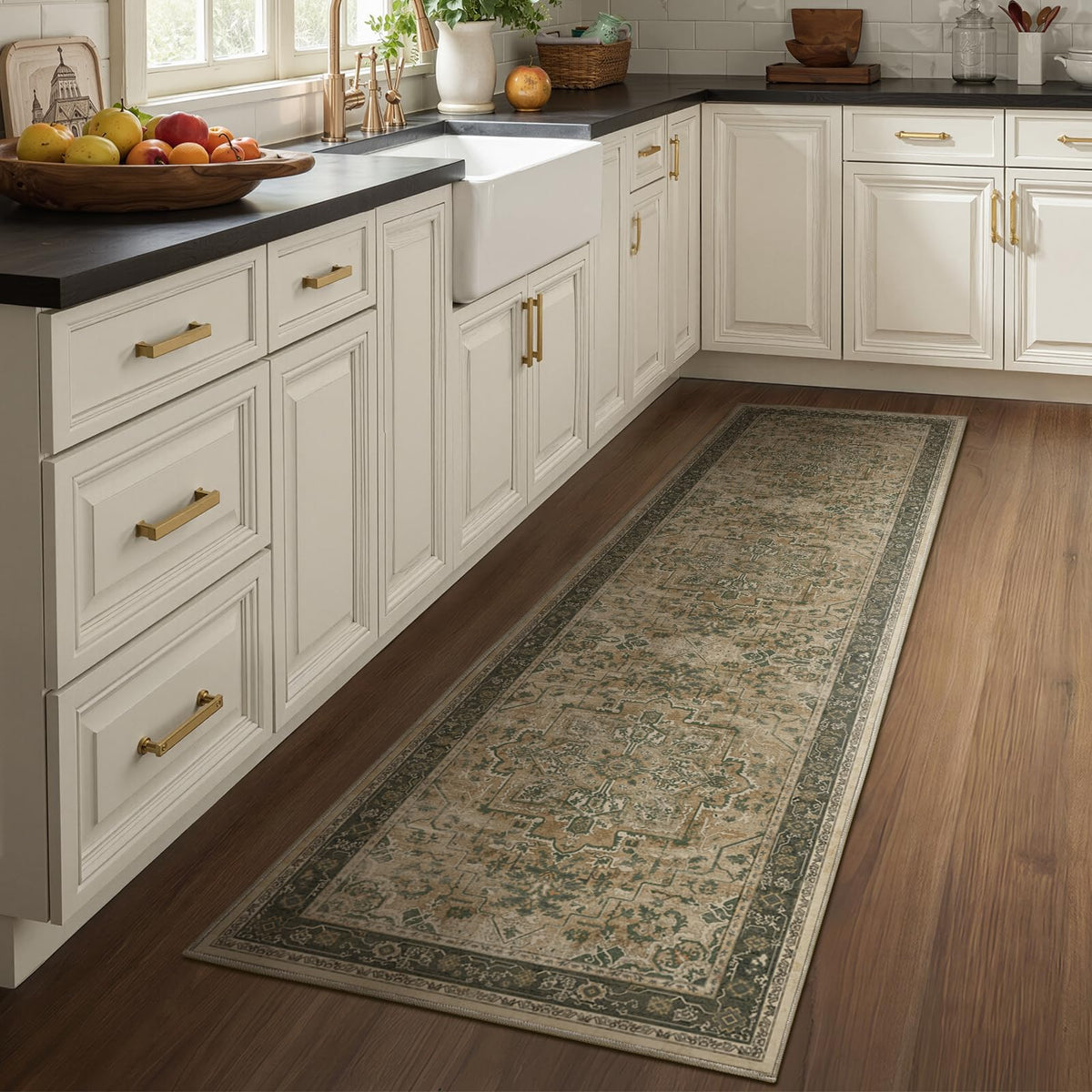 Vintage Distressed 5x7 Area Rugs for Living Room Bedroom Non Slip Washable, Medallion Pattern Printed Low Pile Thin Carpet Rugs for Dining Room/Kitchen/Home Office, Multi Brown Olive Accents
