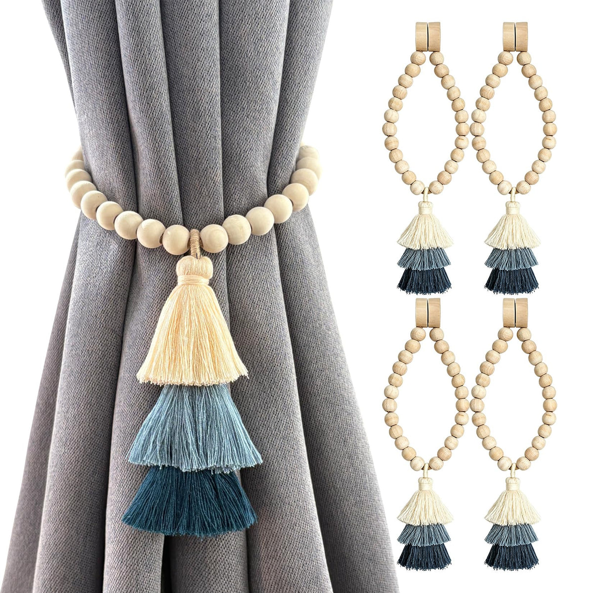 Magnetic Curtain Tiebacks with Wood Beads, Boho Rope Drapery Holdbacks with Triple Tassels, No Drill Curtain Holders for Farmhouse Bedroom, Living Room or Nursery, 2 Pack, Beige Taupe Brown