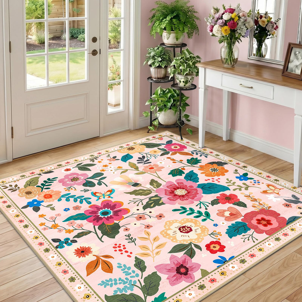 RELEANY Floral Washable 5x7 Area Rugs Black