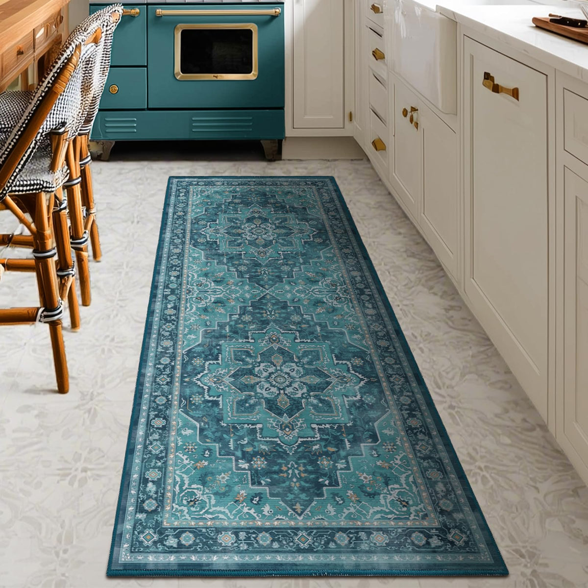 Vintage Distressed 5x7 Area Rugs for Living Room Bedroom Non Slip Washable, Medallion Pattern Printed Low Pile Thin Carpet Rugs for Dining Room/Kitchen/Home Office, Multi Brown Olive Accents