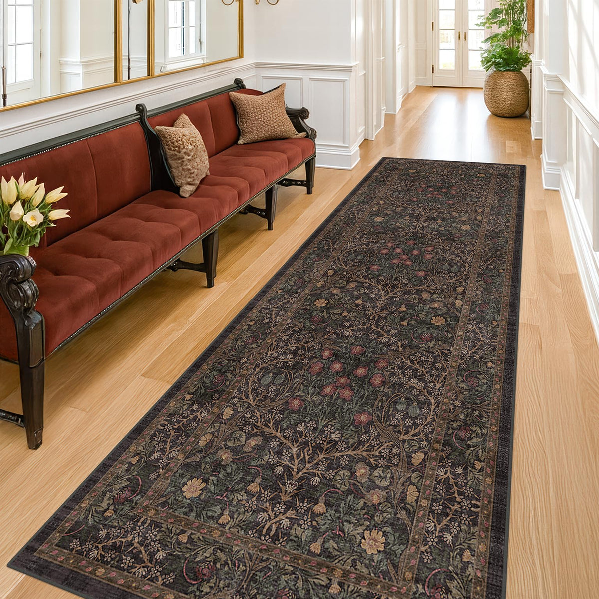 Floral Dark Green Washable Area Rugs 8x10, Vintage Living Room Rug