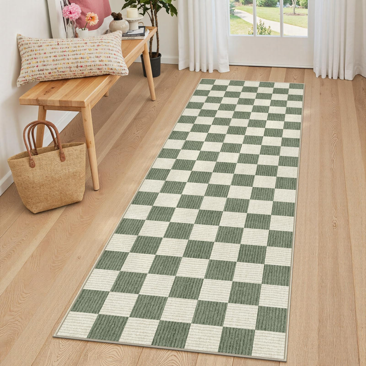 LIVEBOX 8x10 Area Rugs for Living Room, Checkered Non-Slip Washable Rugs, Farmhouse Neutral Classic Geometric Large Boys Area Rug for Bedroom, Carpet for Living Dining Room Office(Sage Green,8'x10')