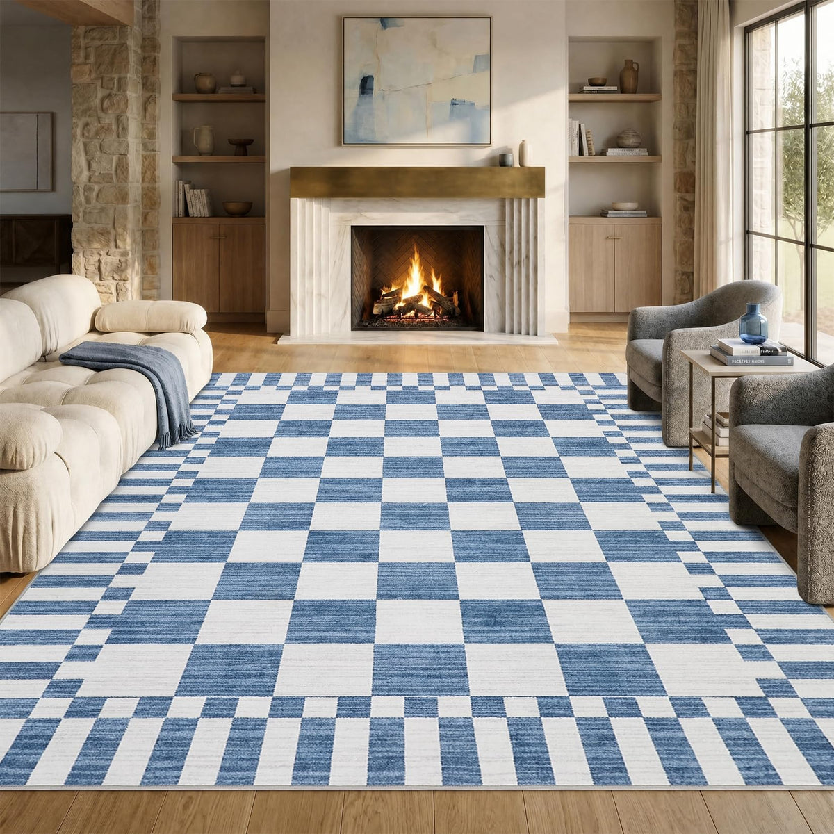 GarveeHome Brown Checkered Rug 5x7 Area Rugs Washable Living Room 5x7 Rug
