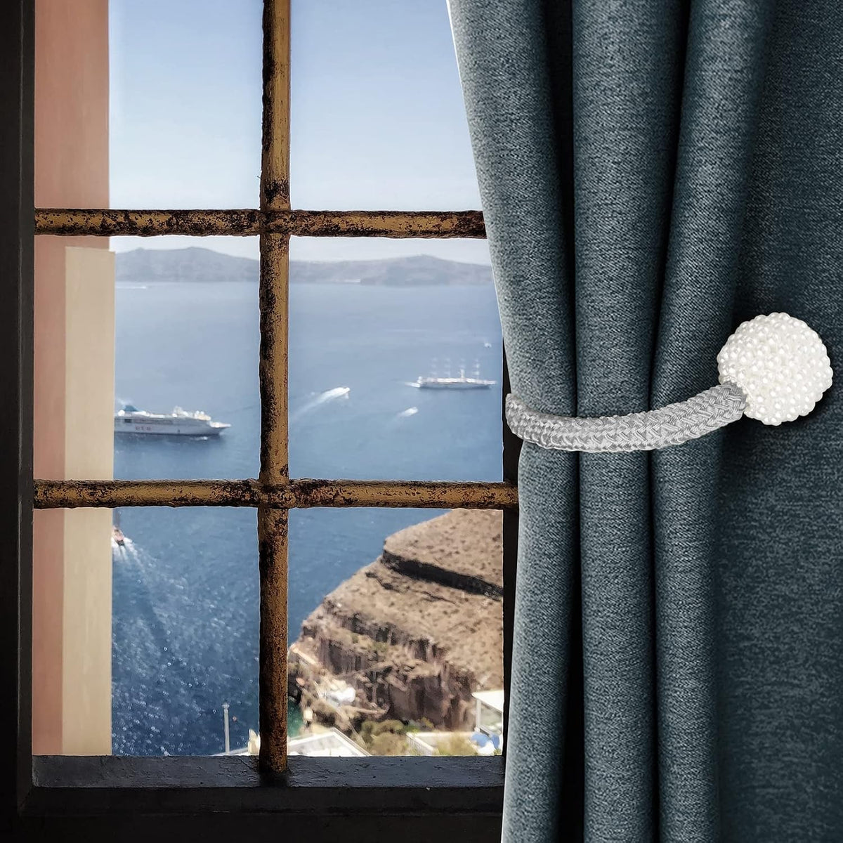 8 Pack Magnetic Curtain Tiebacks with Pearls,Elegant Window Treatment Holdbacks for Heavy Outdoor Drapes (Grey)