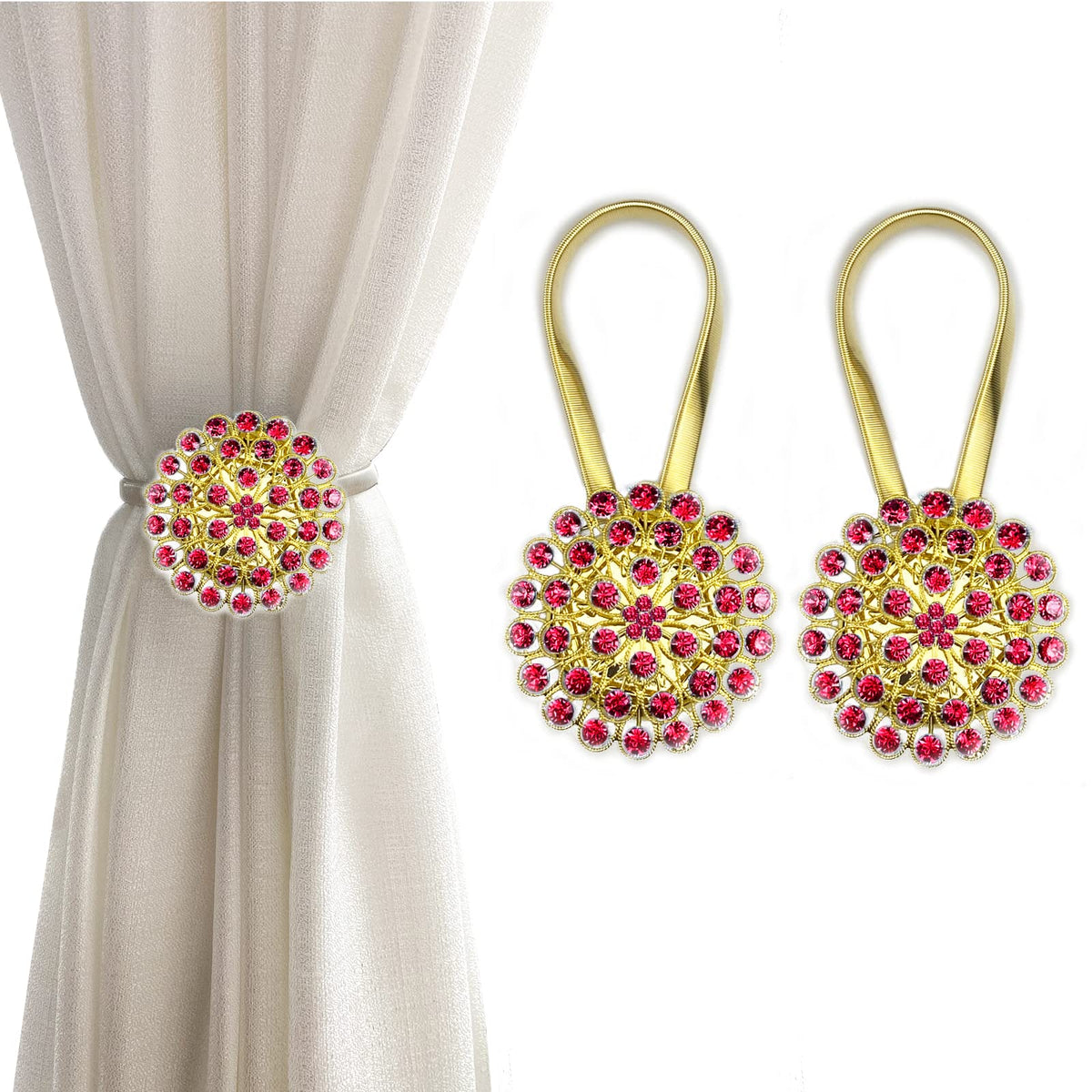 Magnetic Tiebacks for Curtains, 2 Pack Sparkling Crystal Flower Curtain Tiebacks Curtain Buckle Clips with High-Elastic Spring Wire for Home Office Decoration (White)