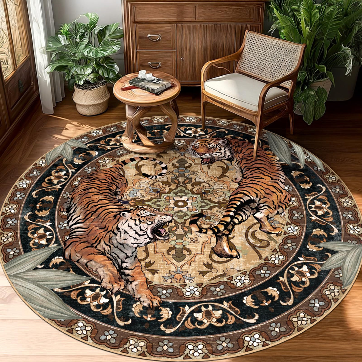 Tiger Round Area Rugs for Living Room 6ft, Boho Green Animal Print Bedroom Circle Rugs Non Slip, Washable Botanical Jungle Floor Carpet for Dining Room Entryway Nursery Playroom Office Spring