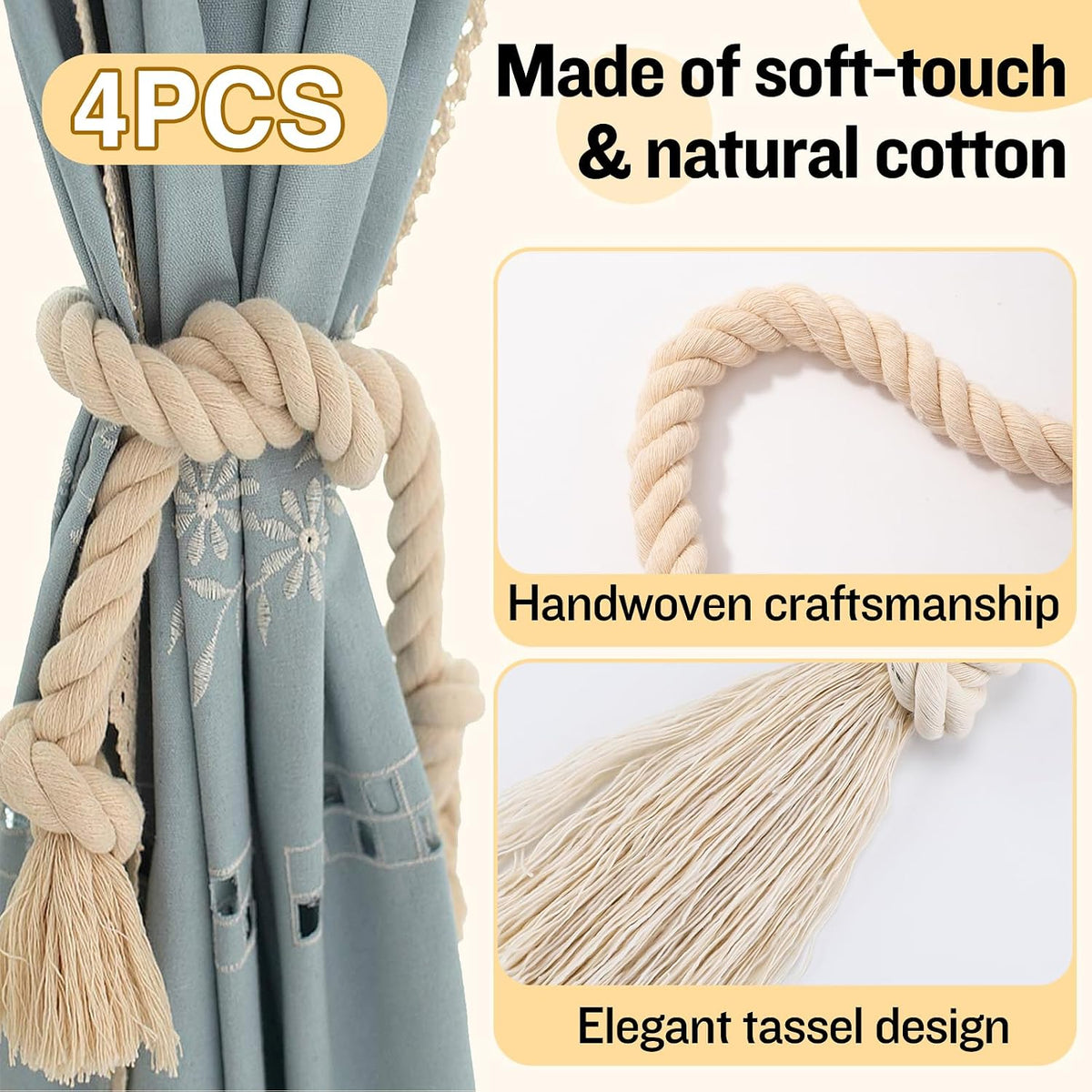 Apipi 4 Pcs Hand Woven Curtain Tiebacks for Yard Garden Farmhouse Drapery