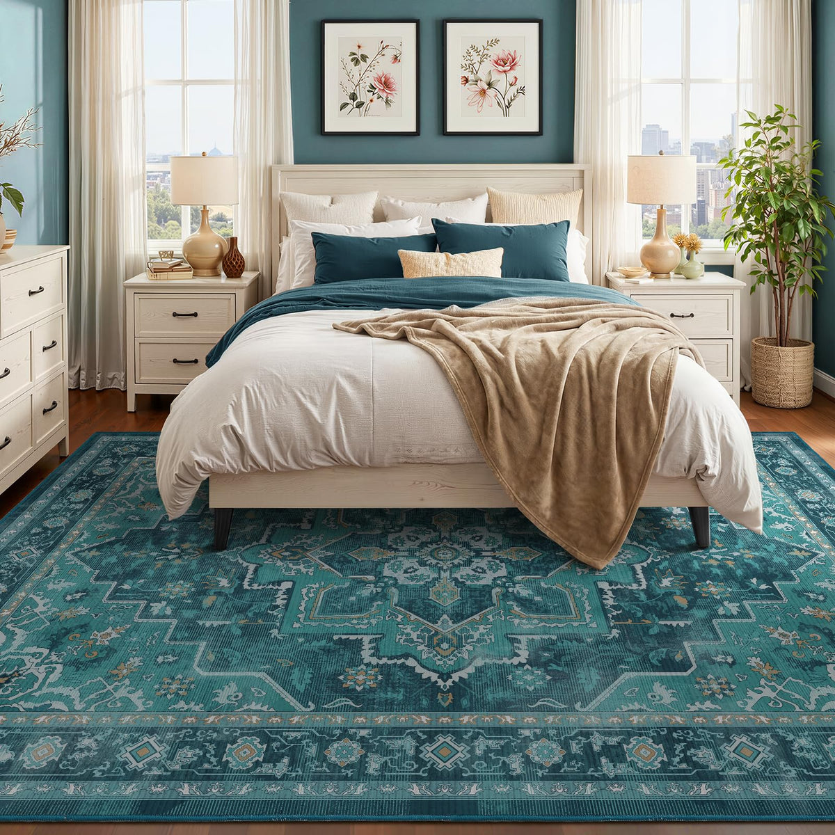 Vintage Distressed 5x7 Area Rugs for Living Room Bedroom Non Slip Washable, Medallion Pattern Printed Low Pile Thin Carpet Rugs for Dining Room/Kitchen/Home Office, Multi Brown Olive Accents