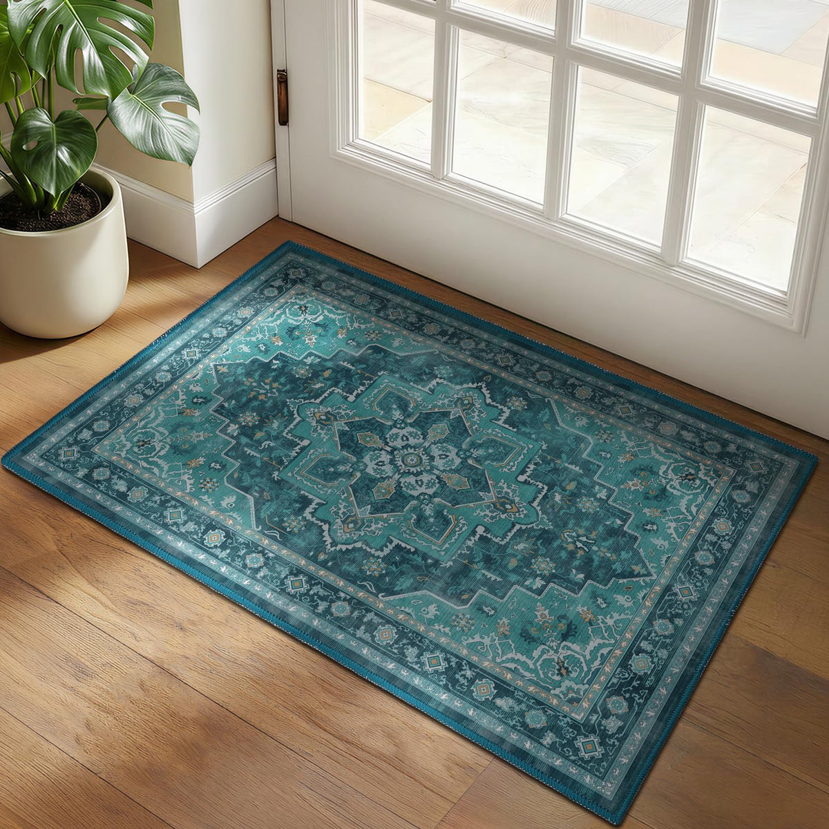 Vintage Distressed 5x7 Area Rugs for Living Room Bedroom Non Slip Washable, Medallion Pattern Printed Low Pile Thin Carpet Rugs for Dining Room/Kitchen/Home Office, Multi Brown Olive Accents