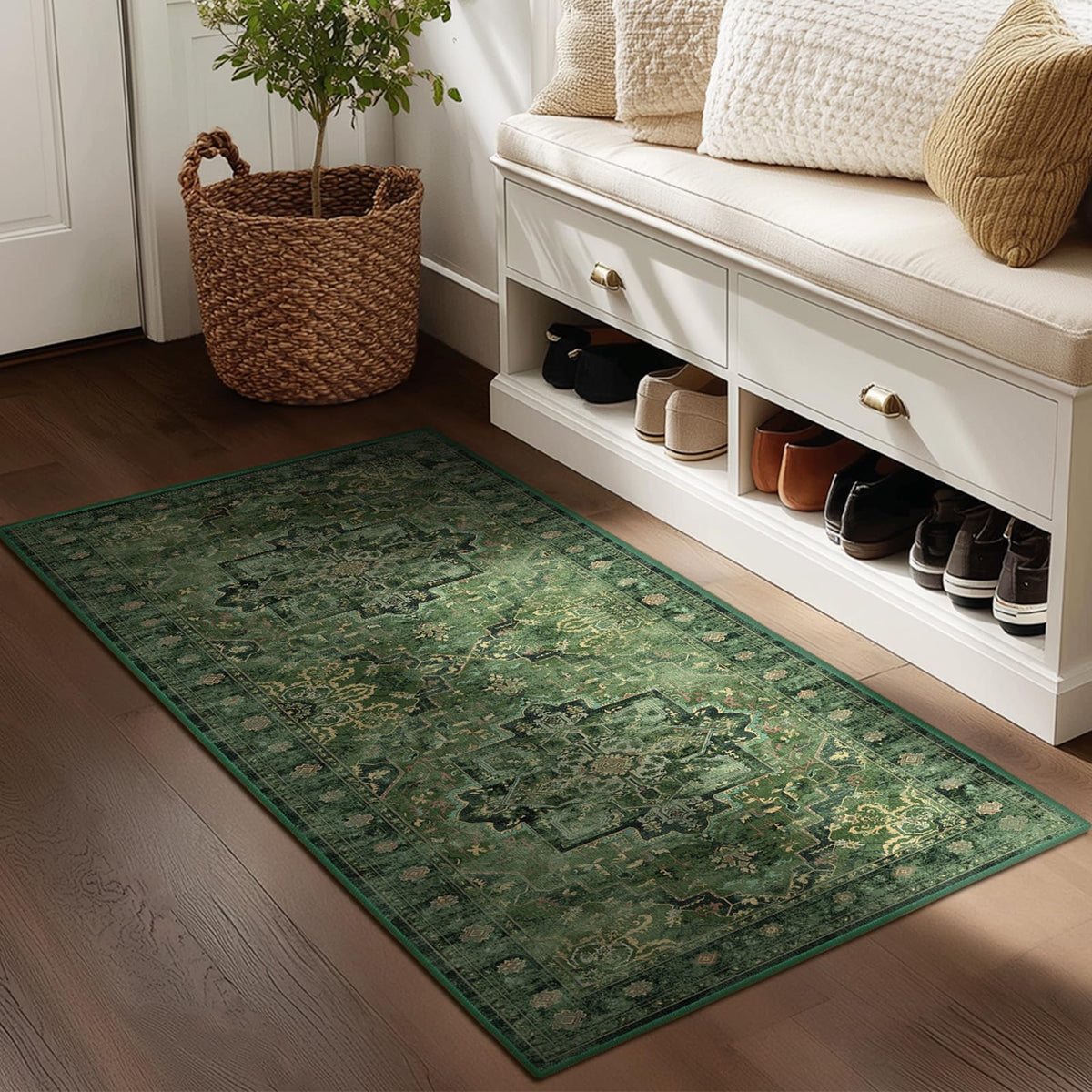 Vintage Distressed 5x7 Area Rugs for Living Room Bedroom Non Slip Washable, Medallion Pattern Printed Low Pile Thin Carpet Rugs for Dining Room/Kitchen/Home Office, Multi Brown Olive Accents
