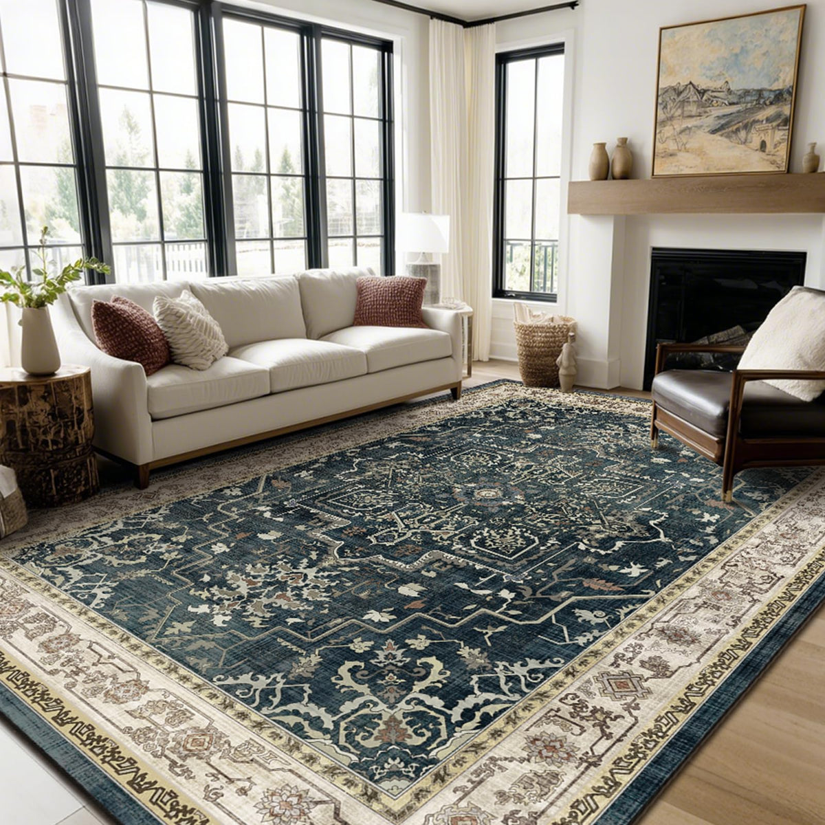 Vintage Distressed 5x7 Area Rugs for Living Room Bedroom Non Slip Washable, Medallion Pattern Printed Low Pile Thin Carpet Rugs for Dining Room/Kitchen/Home Office, Multi Brown Olive Accents