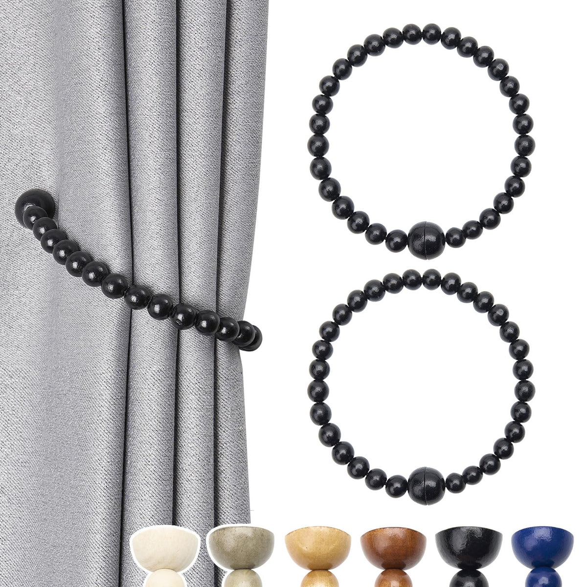 NICEEC 2 Pack Wood Bead Curtain Tiebacks Boho Farmhouse Decor Drape Tie Backs Strong Magnetic Natural Wooden Beaded Curtain Holdbacks for Home & Office Outdoor Window Draperies (Coffee)