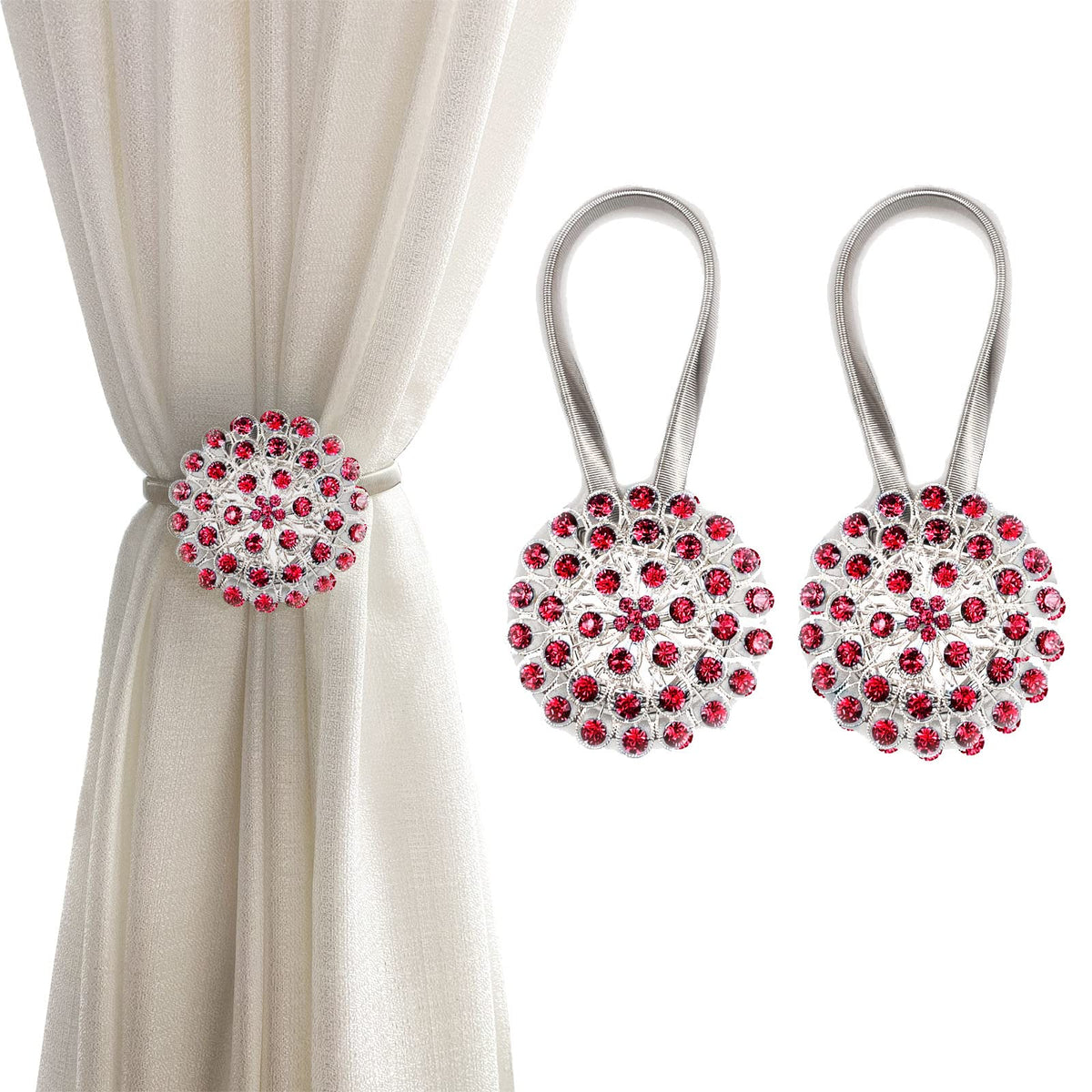 Magnetic Tiebacks for Curtains, 2 Pack Sparkling Crystal Flower Curtain Tiebacks Curtain Buckle Clips with High-Elastic Spring Wire for Home Office Decoration (White)