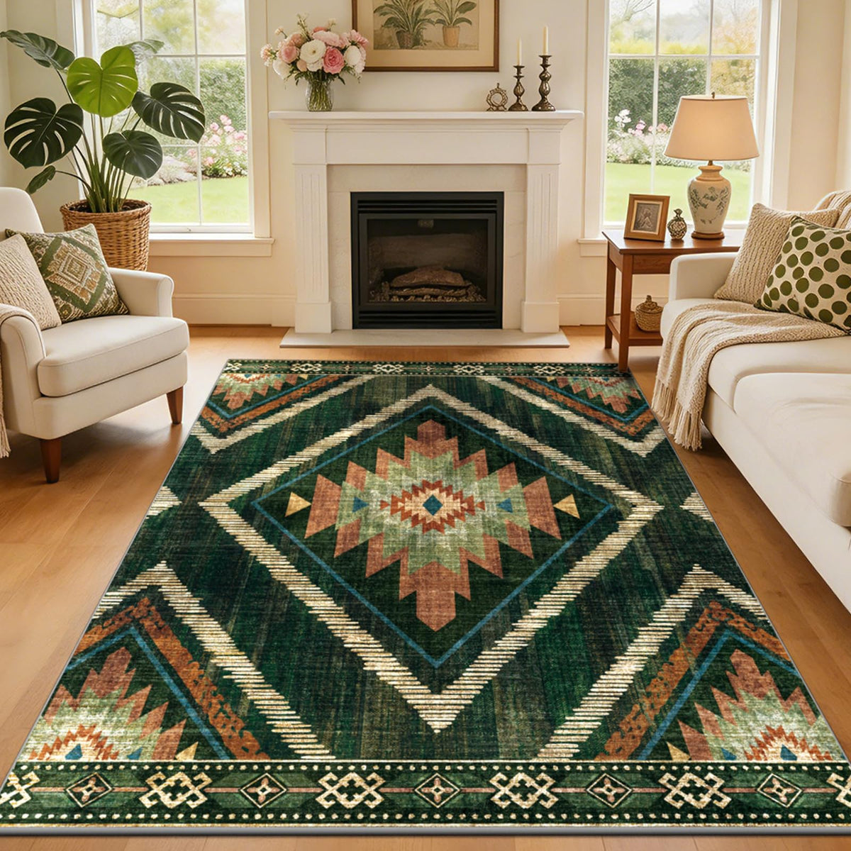 Boho Washable Rugs 5x7ft Non Slip, Low Pile Area Rug for Living Room, Brown Moroccan Bedroom Carpets, Non Shedding Soft Floor Carpet for Dining Room Bathroom Nursery Kitchen Office