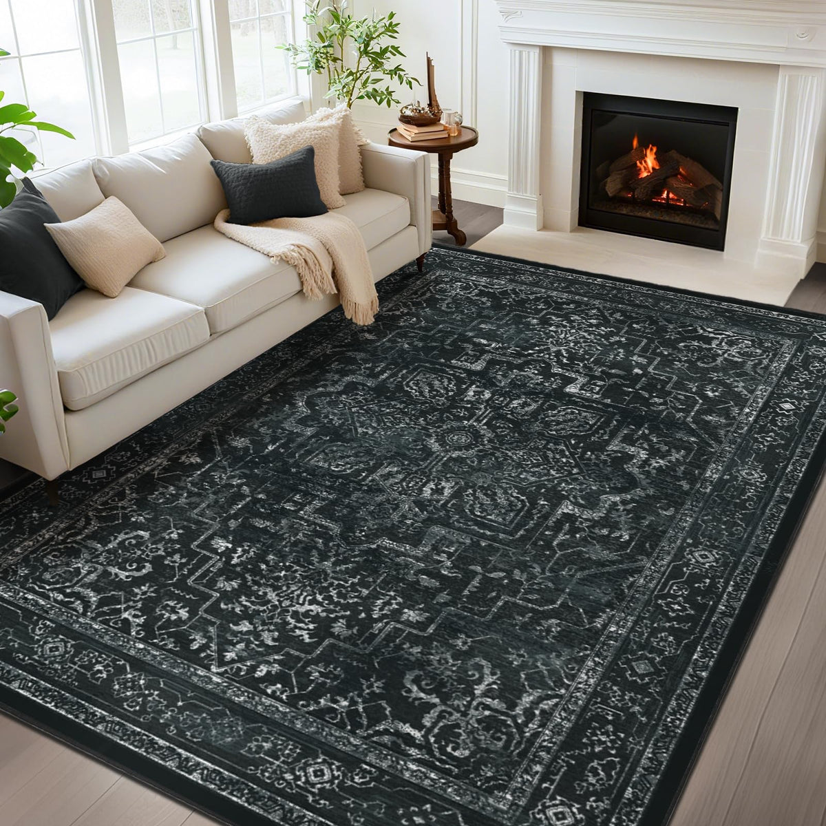 Vintage Distressed 5x7 Area Rugs for Living Room Bedroom Non Slip Washable, Medallion Pattern Printed Low Pile Thin Carpet Rugs for Dining Room/Kitchen/Home Office, Multi Brown Olive Accents