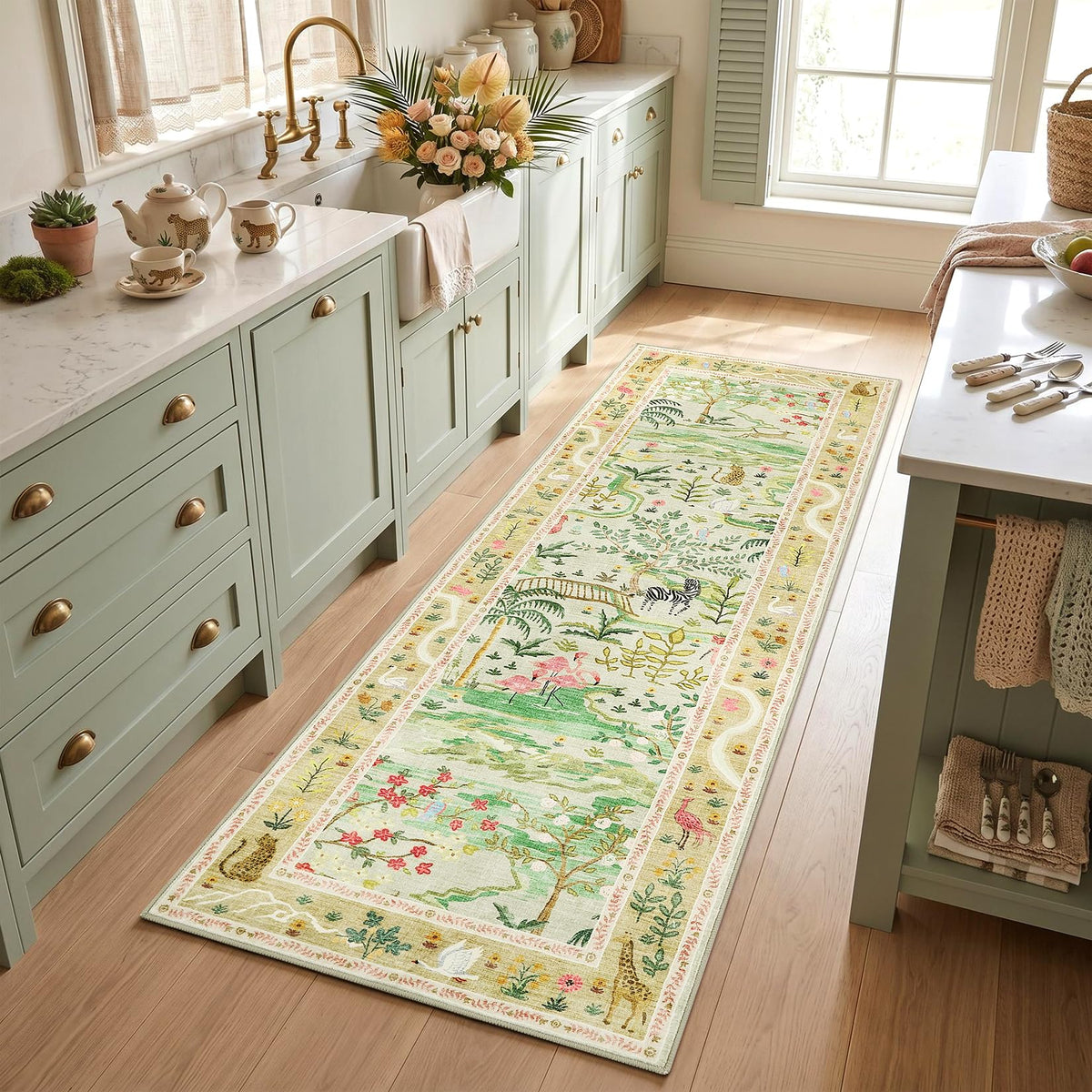 Washable Area Rug 5x7 Green Animal Print Rugs for Nursery Non Slip Stain Resistant Forest Fairy Tale Throw Carpet Low Pile Whimsical Safari Area Rugs for Entryway Girls Bedroom Dining Room, Green