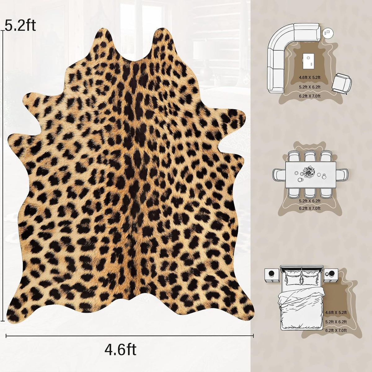 AROGAN Premium Leopard Print Rug, Faux Cheetah Rugs, Non-Slip 4.6 x 5.2 Ft