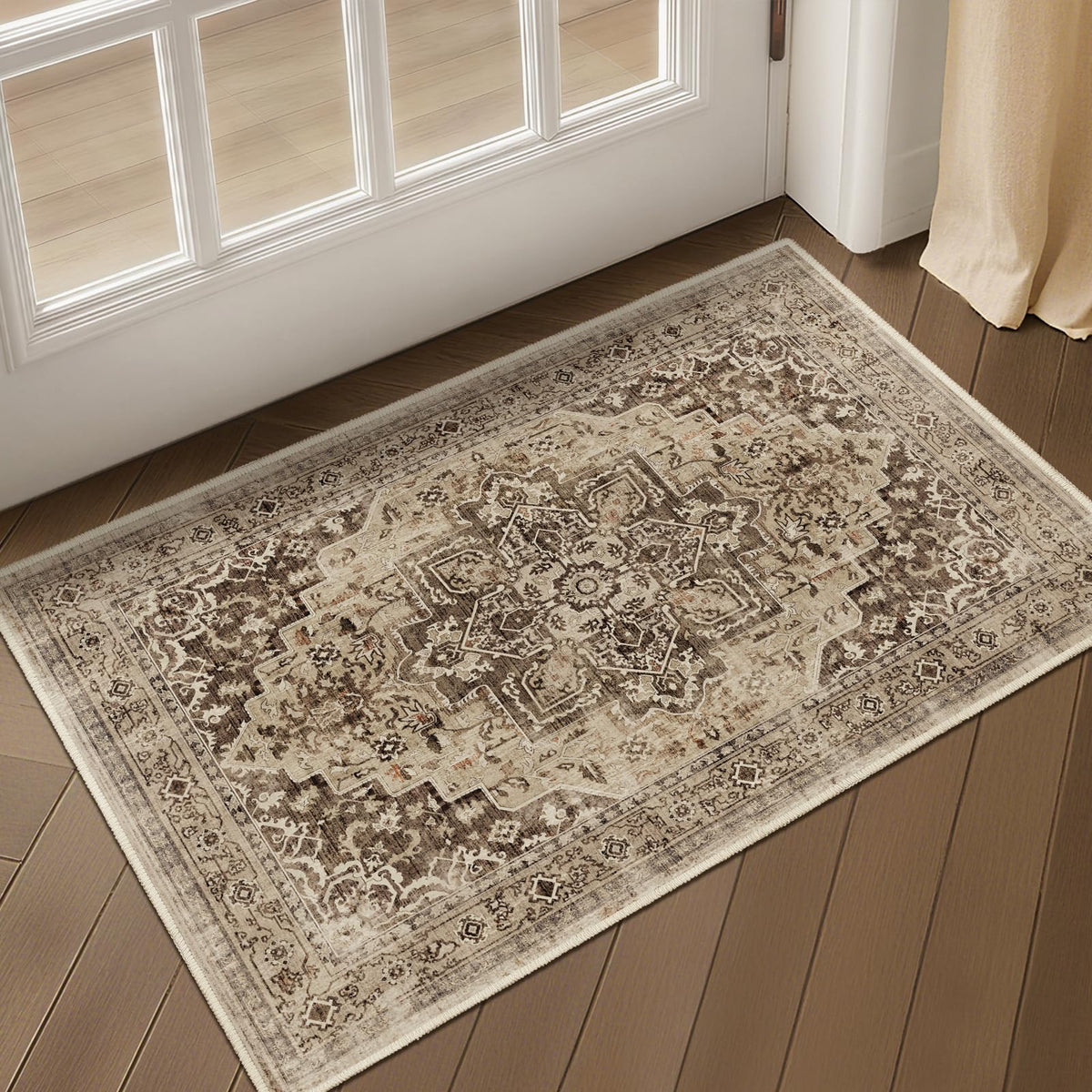 Vintage Distressed 5x7 Area Rugs for Living Room Bedroom Non Slip Washable, Medallion Pattern Printed Low Pile Thin Carpet Rugs for Dining Room/Kitchen/Home Office, Multi Brown Olive Accents