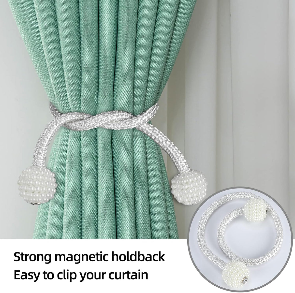 8 Pack Magnetic Curtain Tiebacks with Pearls,Modern Curtain Holdbacks Strap