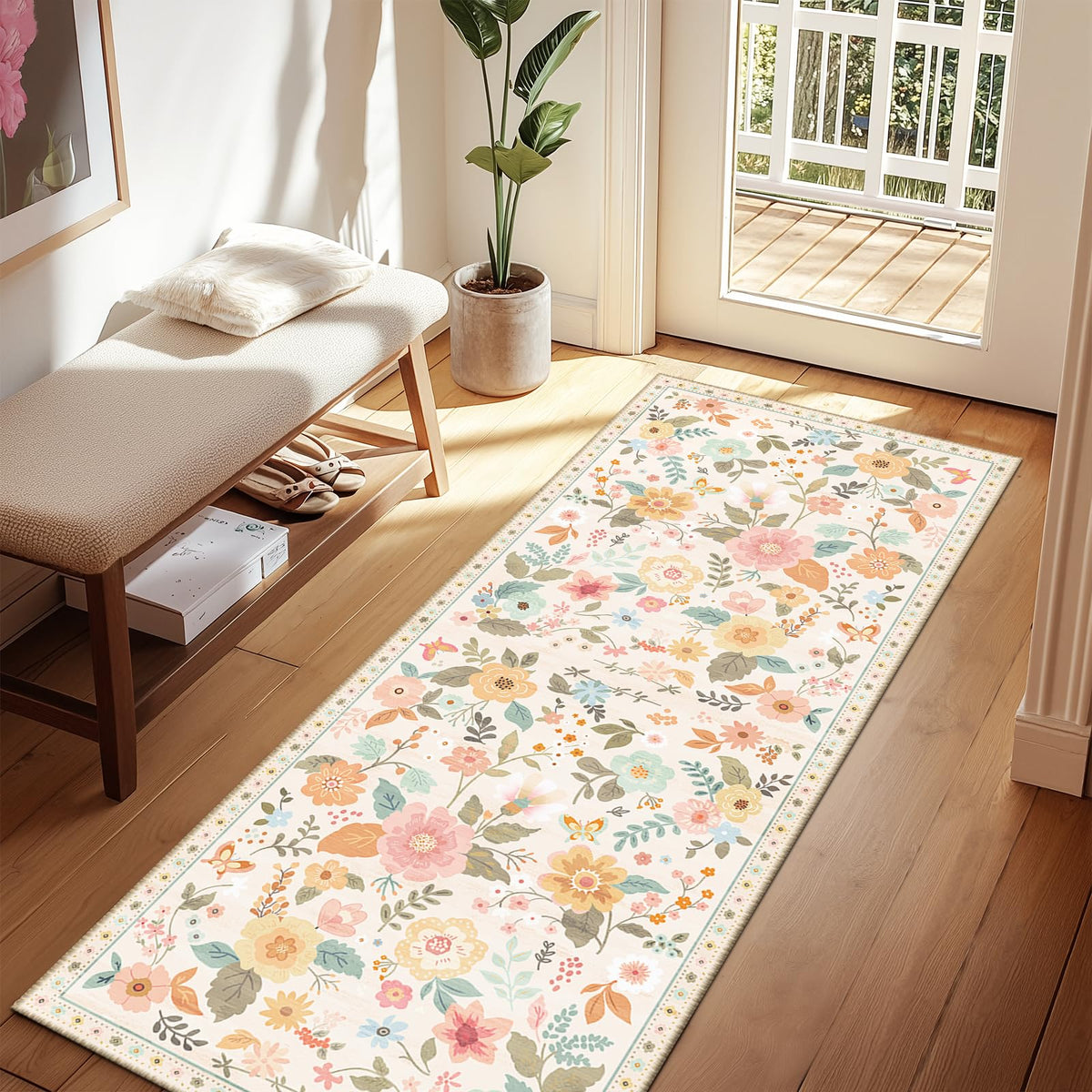 RELEANY Floral Washable 5x7 Area Rugs Black