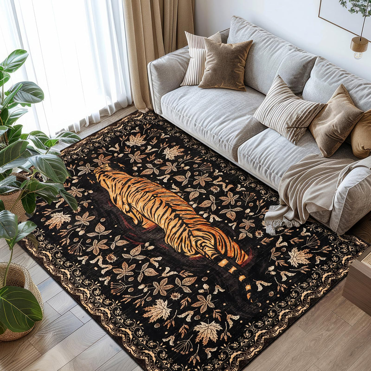 Tiger Round Area Rugs for Living Room 6ft, Boho Green Animal Print Bedroom Circle Rugs Non Slip, Washable Botanical Jungle Floor Carpet for Dining Room Entryway Nursery Playroom Office Spring