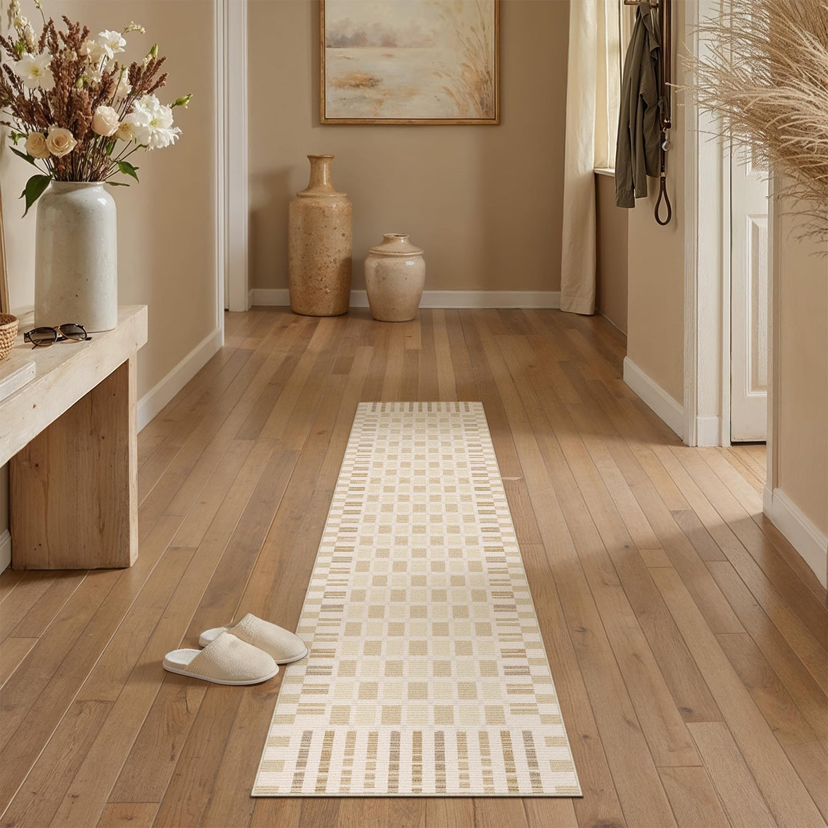 PureCozy 8x10 Washable Area Rug Living Room Beige Non Slip Checkered Carpet