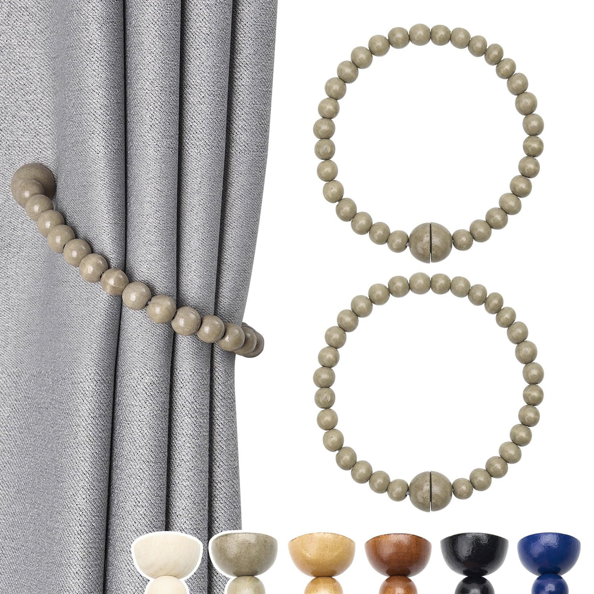 NICEEC 2 Pack Wood Bead Curtain Tiebacks Boho Farmhouse Decor Drape Tie Backs Strong Magnetic Natural Wooden Beaded Curtain Holdbacks for Home & Office Outdoor Window Draperies (Coffee)