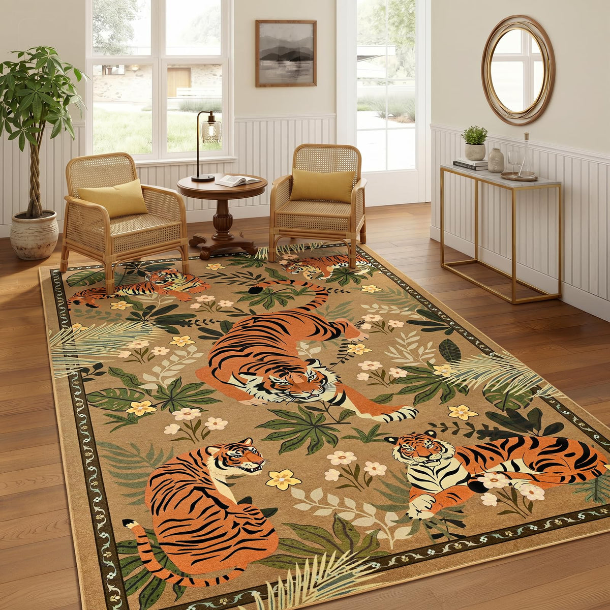 Zentavio Tiger Area Rug 6x9, Vintage Safari Animal Print Rug, Washable Non Slip Boho Camel Carpet for Living Room Bedroom