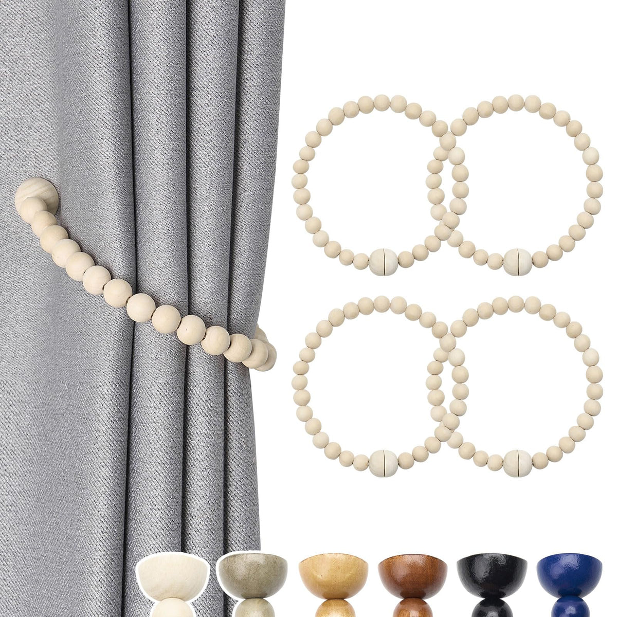 NICEEC 2 Pack Wood Bead Curtain Tiebacks Boho Farmhouse Decor Drape Tie Backs Strong Magnetic Natural Wooden Beaded Curtain Holdbacks for Home & Office Outdoor Window Draperies (Coffee)
