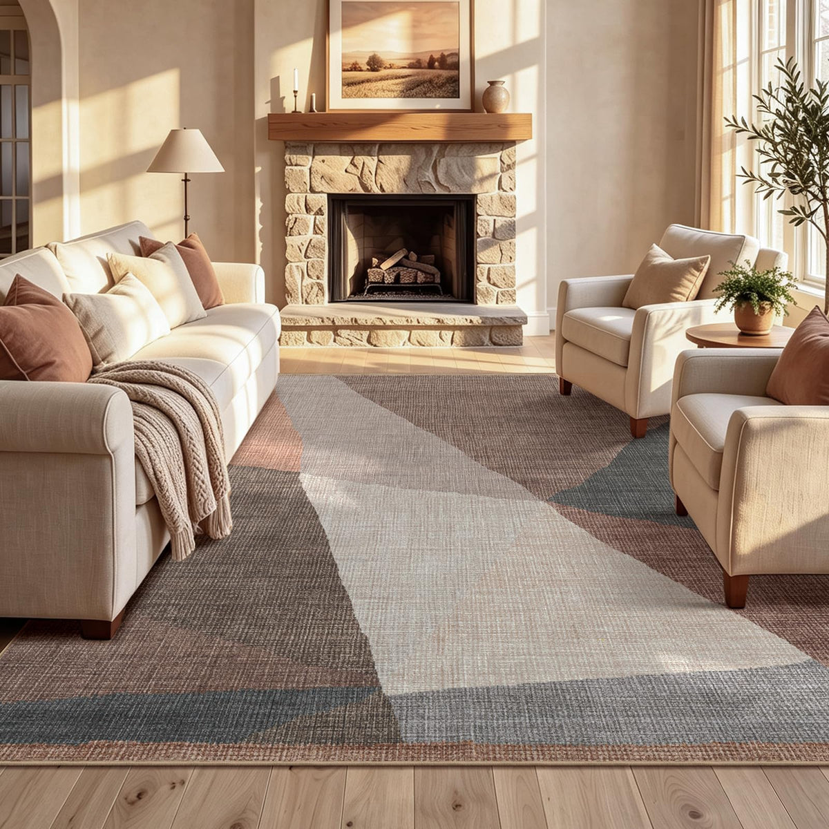 YIHOUSE Geometric Area Rug, Washable Non-Slip Low Pile, Brown, 5 x 7 ft