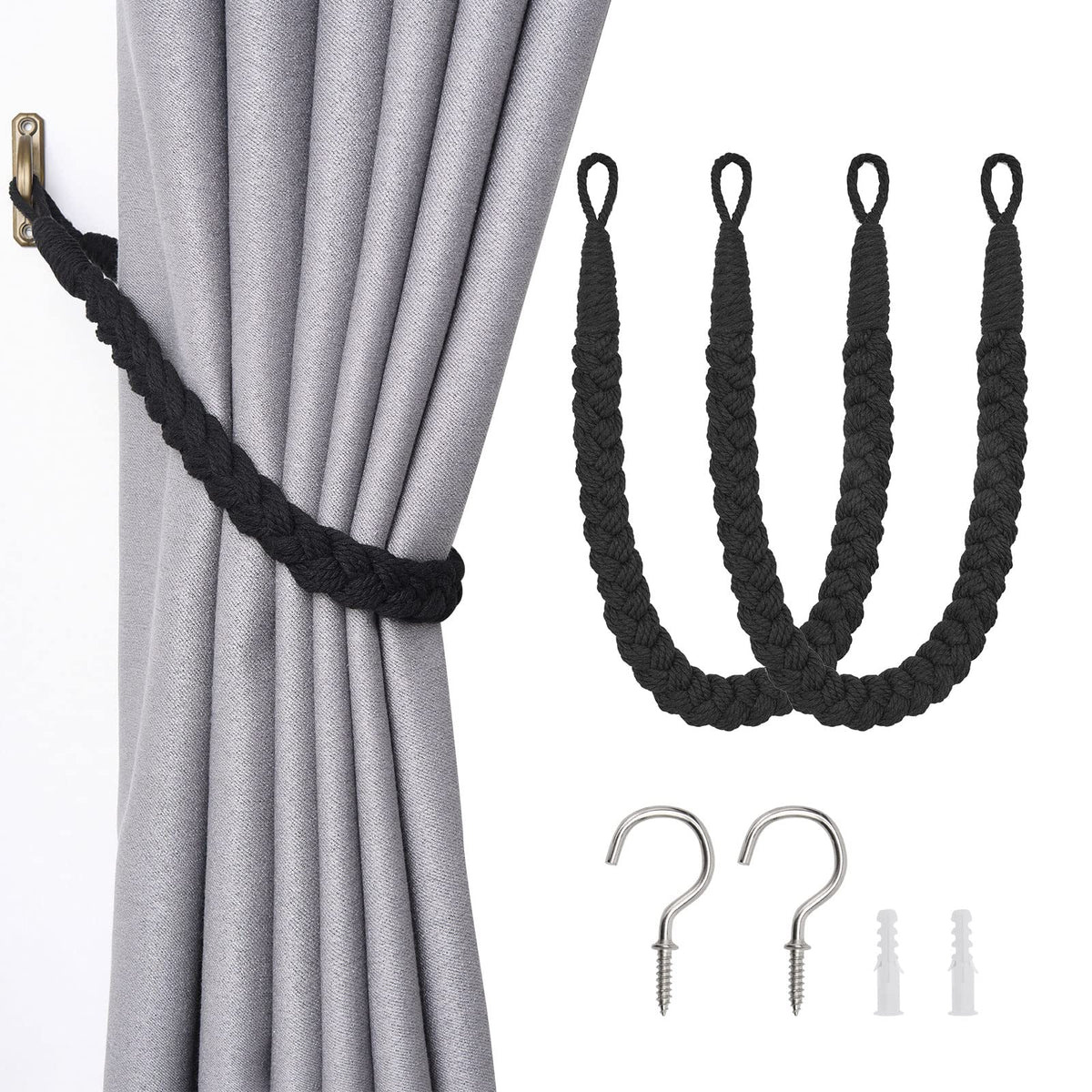 NICEEC 2 Pack Natural Cotton Rope Curtain Tiebacks Elegant Boho Style Decorative Drape Tie Backs Soft Hand-Woven Rope Curtain Holdbacks with Metal Hook for Home & Office Drapery (Coffee)