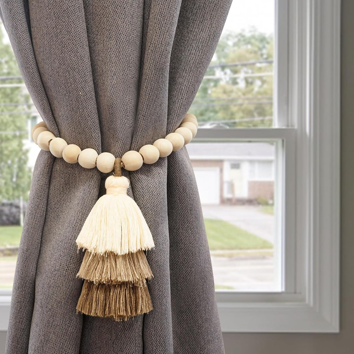 Magnetic Curtain Tiebacks with Wood Beads, Boho Rope Drapery Holdbacks with Triple Tassels, No Drill Curtain Holders for Farmhouse Bedroom, Living Room or Nursery, 2 Pack, Beige Taupe Brown