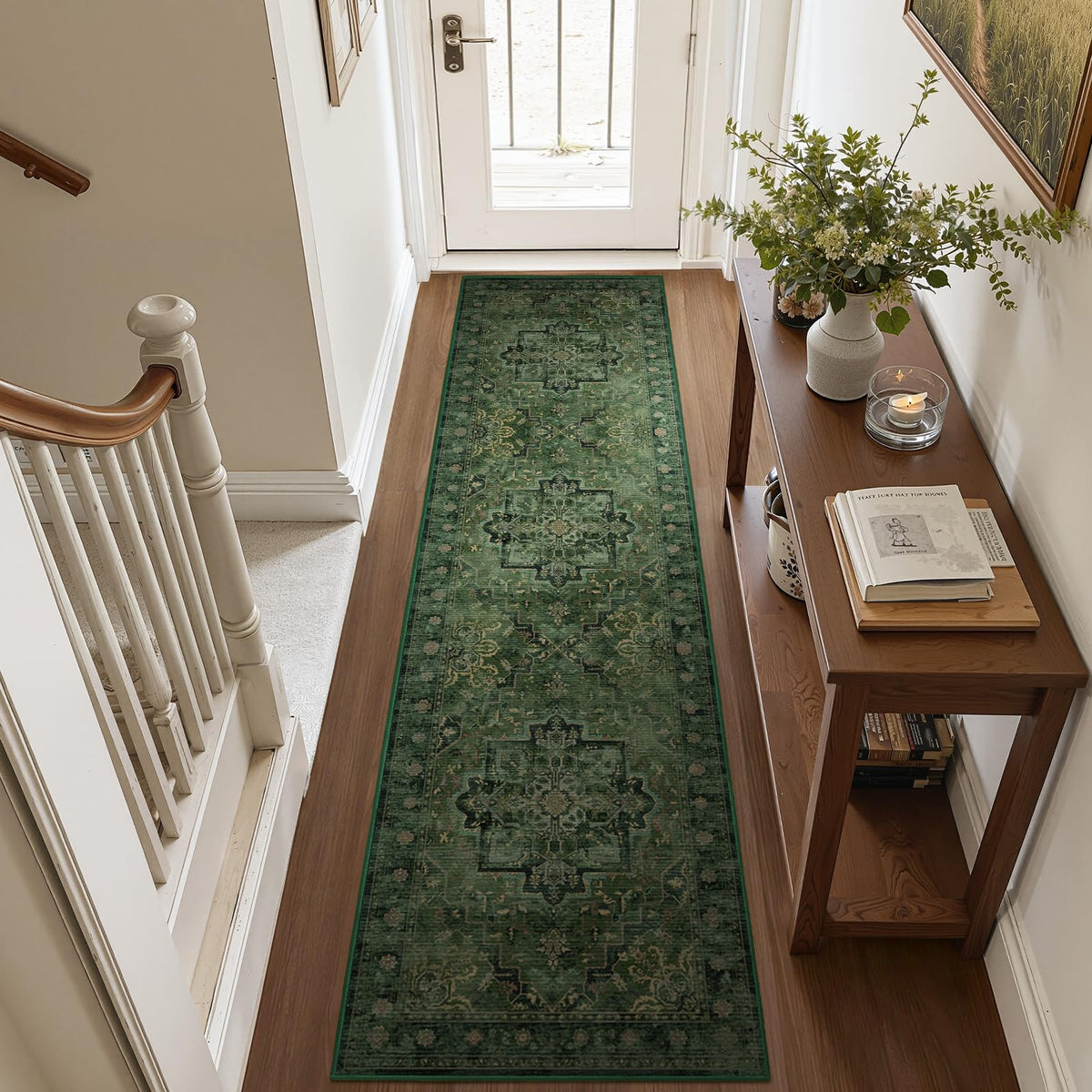 Vintage Distressed 5x7 Area Rugs for Living Room Bedroom Non Slip Washable, Medallion Pattern Printed Low Pile Thin Carpet Rugs for Dining Room/Kitchen/Home Office, Multi Brown Olive Accents