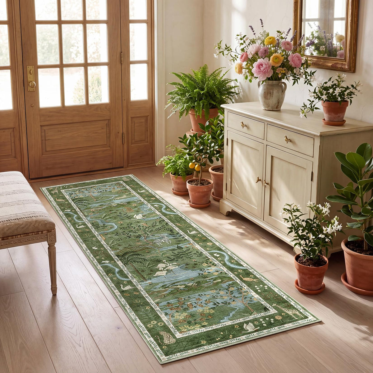 Washable Area Rug 5x7 Green Animal Print Rugs for Nursery Non Slip Stain Resistant Forest Fairy Tale Throw Carpet Low Pile Whimsical Safari Area Rugs for Entryway Girls Bedroom Dining Room, Green