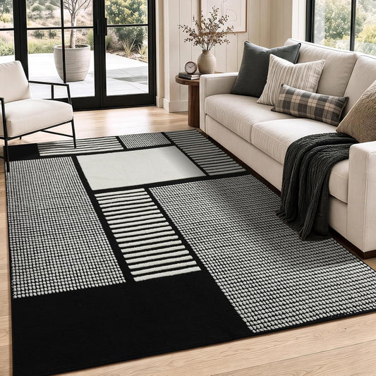 YIHOUSE 5x7 Black and White Area Rug, Washable Non Slip Living Room Carpet