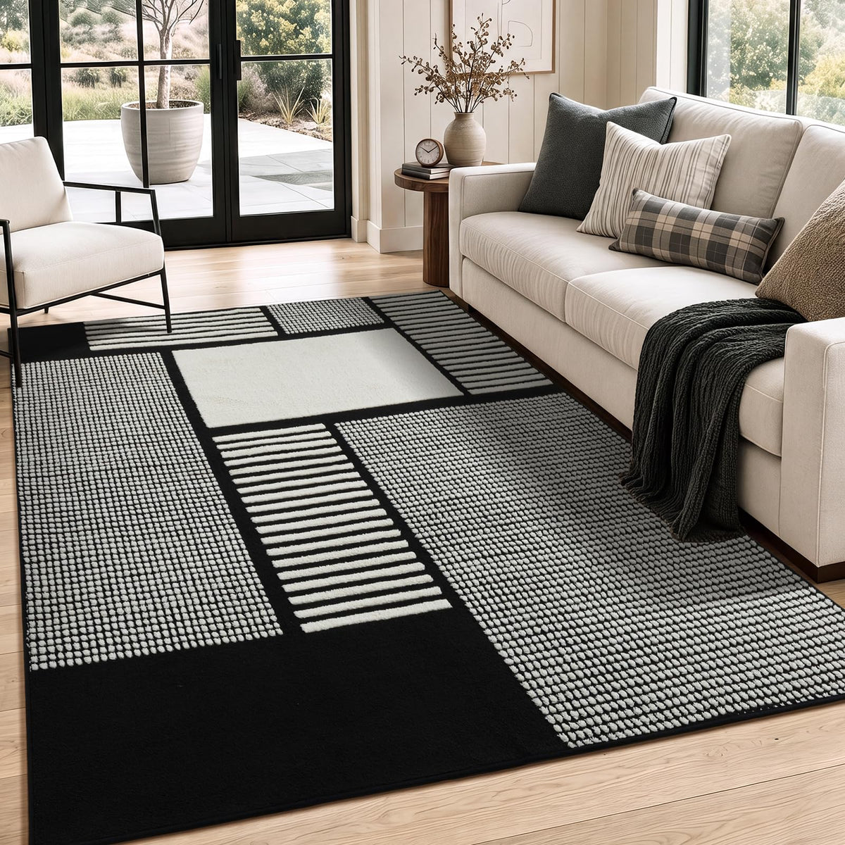 YIHOUSE 5x7 Black and White Area Rug, Washable Non Slip Living Room Carpet