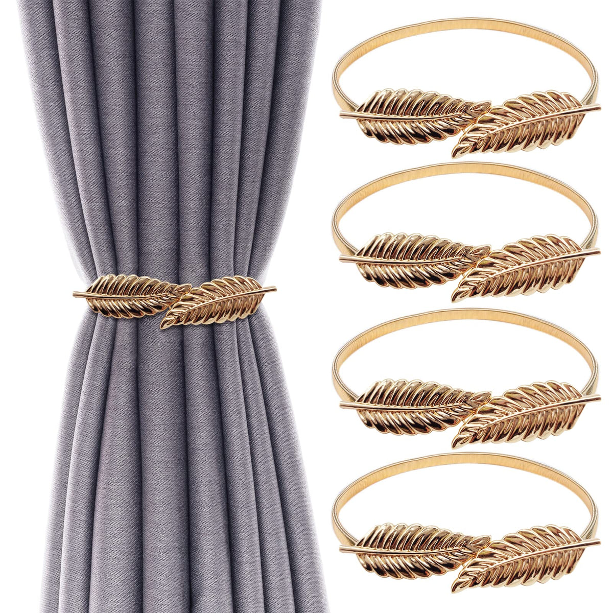 4Pack Curtain Tiebacks Aluminum Alloy Spring Design Curtain Holdback Leaf Carving Design Curtain Ties for Drapes Curtain Ties Backs Curtain Modern Style Curtain Holdback Decor(Gold Leaf)