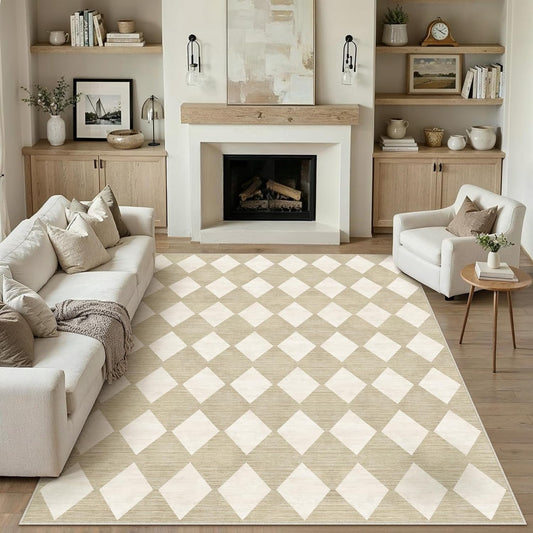 PureCozy 8x10 Washable Area Rug Living Room Beige Non Slip Checkered Carpet