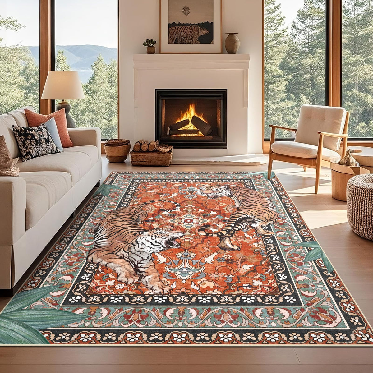 Tiger Round Area Rugs for Living Room 6ft, Boho Green Animal Print Bedroom Circle Rugs Non Slip, Washable Botanical Jungle Floor Carpet for Dining Room Entryway Nursery Playroom Office Spring
