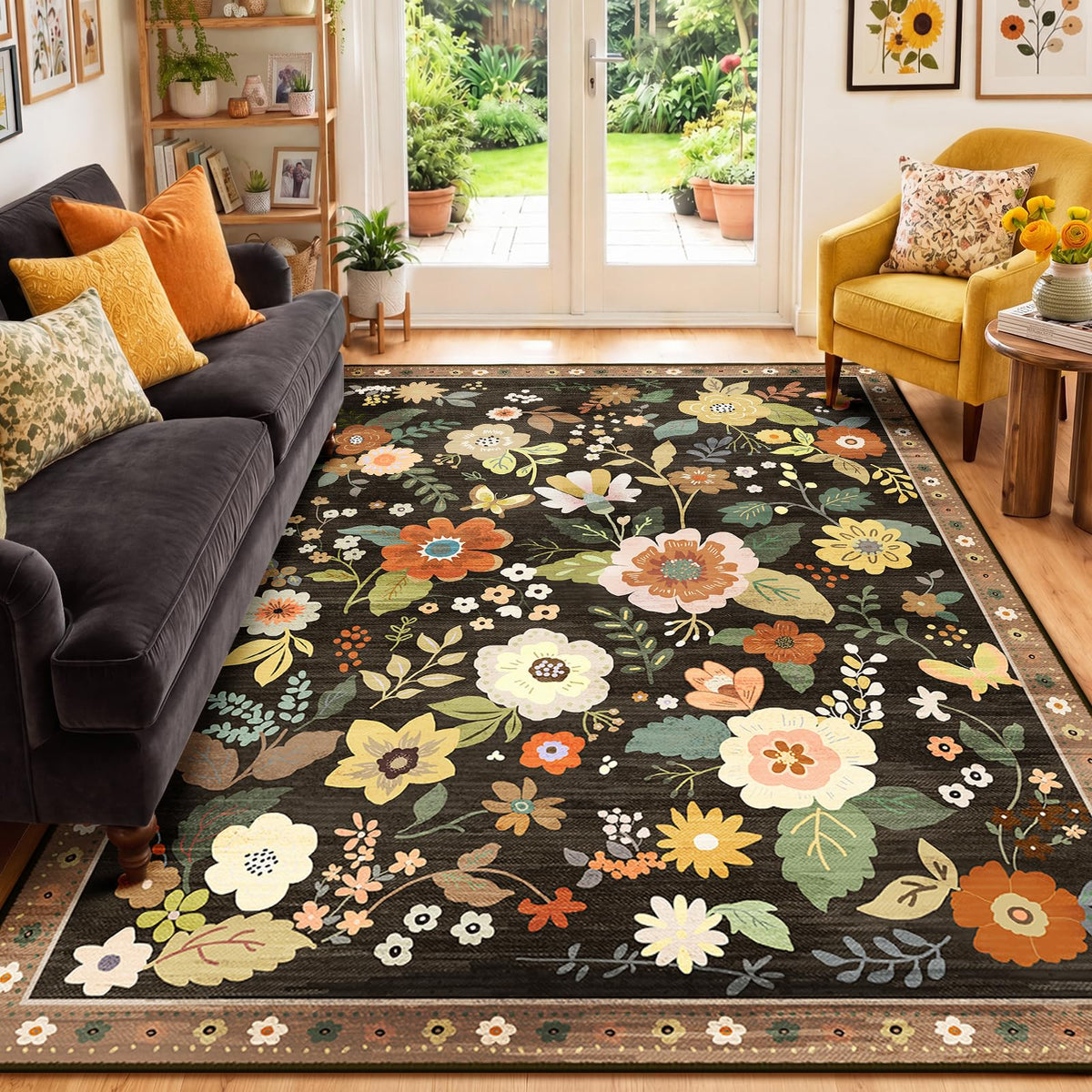 RELEANY Floral Washable 5x7 Area Rugs Black