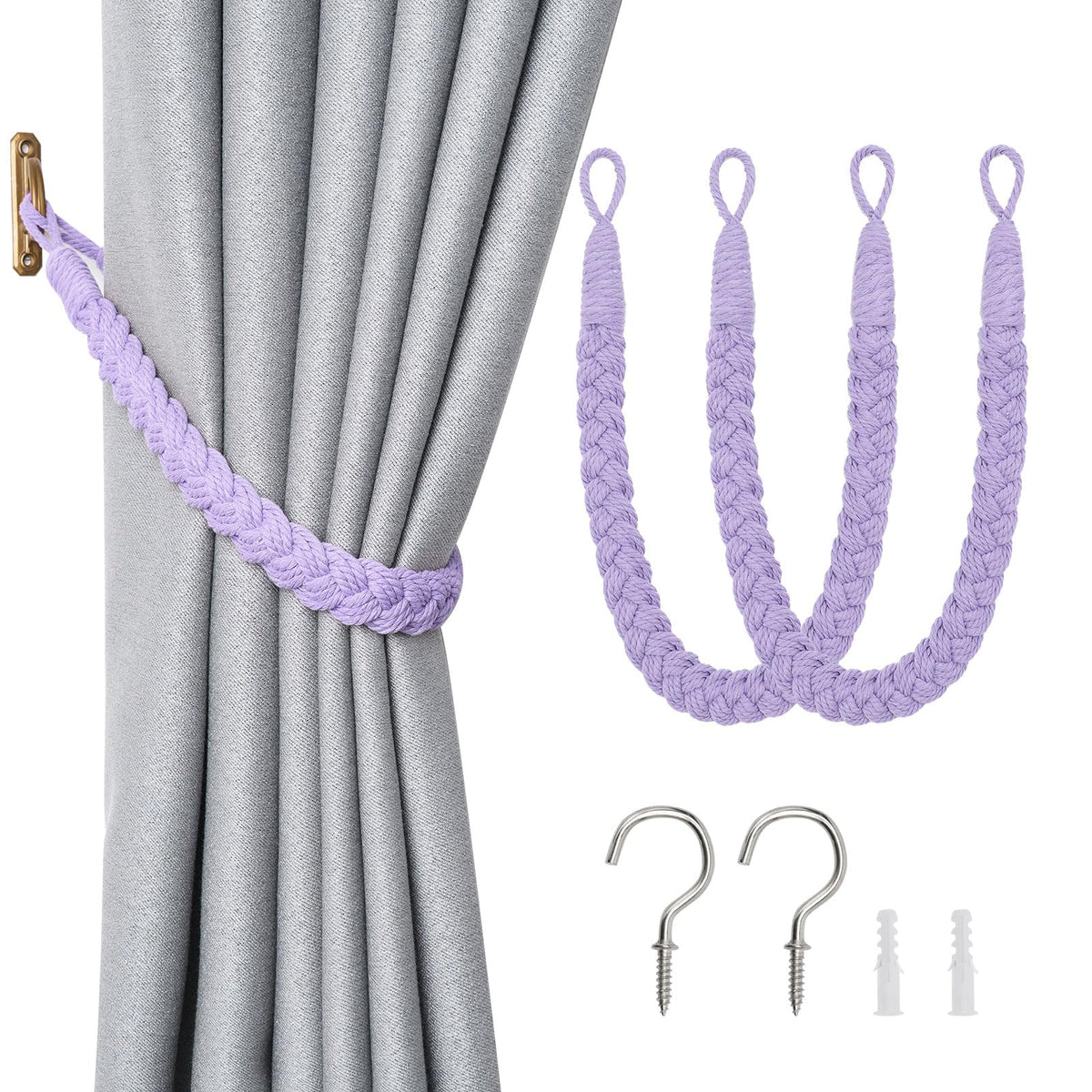 NICEEC 2 Pack Natural Cotton Rope Curtain Tiebacks Elegant Boho Style Decorative Drape Tie Backs Soft Hand-Woven Rope Curtain Holdbacks with Metal Hook for Home & Office Drapery (Coffee)